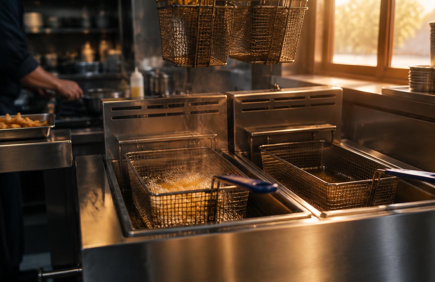 Commercial stainless steel deep fryers working in a restaurant kitchen