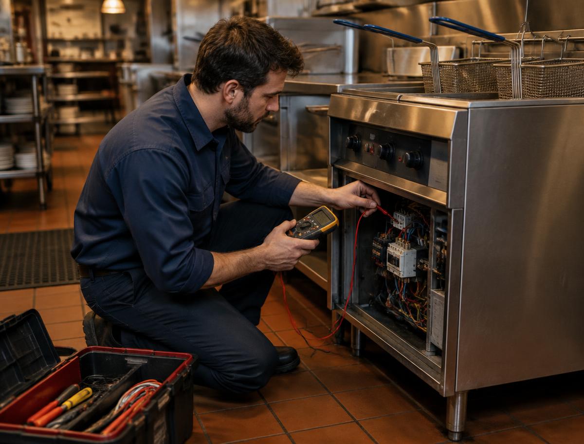 Technician testing the controls of a commercial fryer with a multimeter
